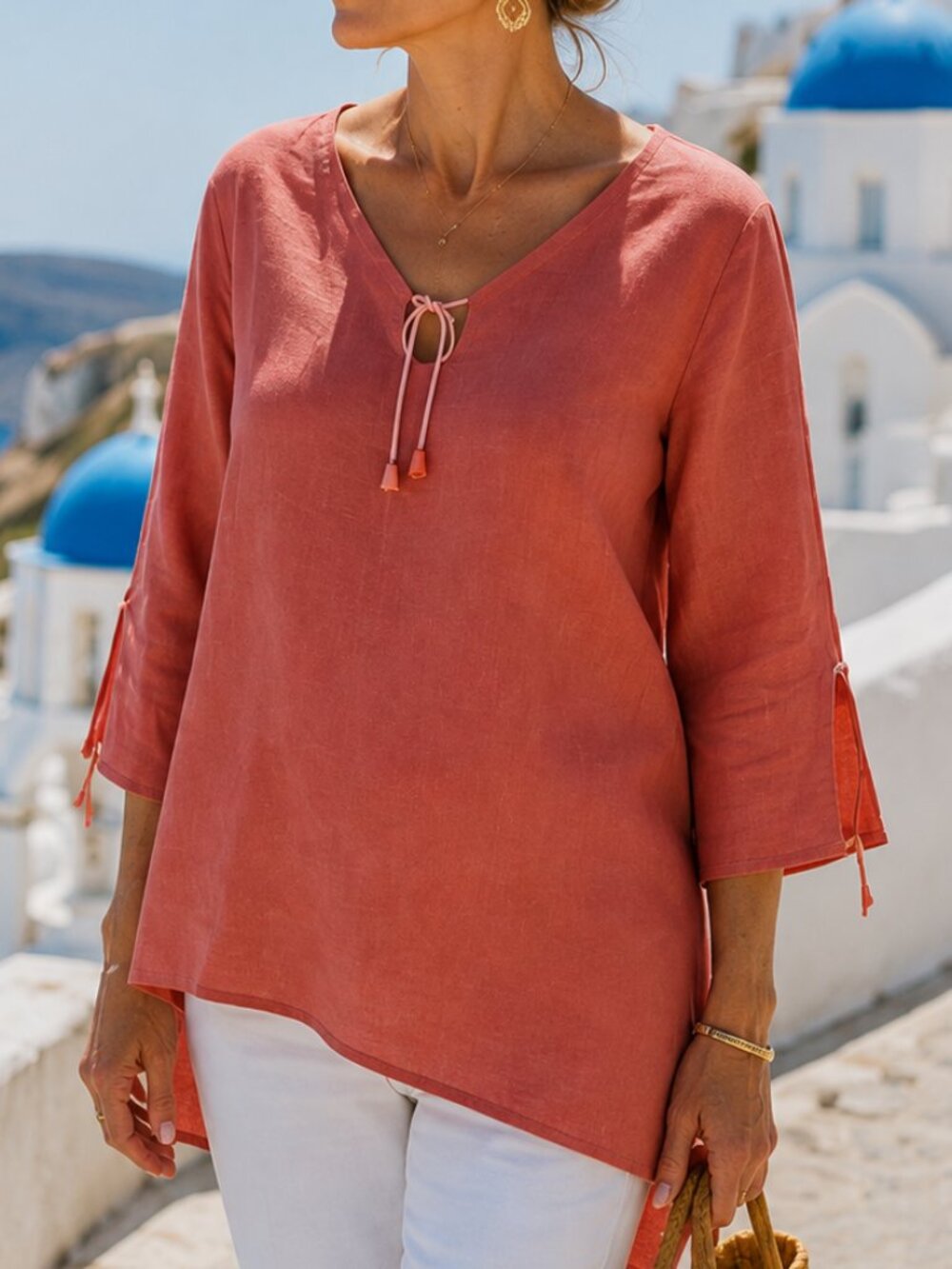 PLOUMIS Made in Greece 100% Linen XL Coral/Orange Asymmetrical Resort Blouse